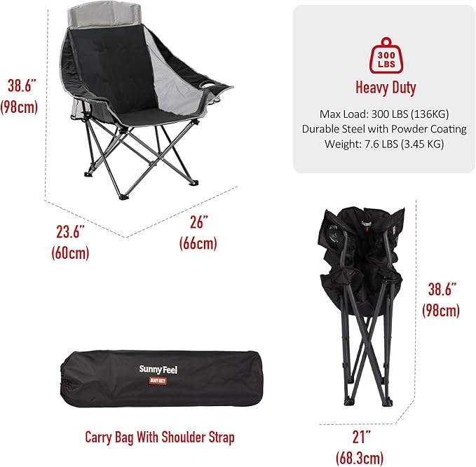 SUNNYFEEL XL Padded Oversized Camping Chair Heavy Duty Folding Camp Chairs w/Cup Holder and Carry Bag Portable Lawn Chairs Foldable Outdoor Sofa for Adults Sports Tailgating BeachRVing