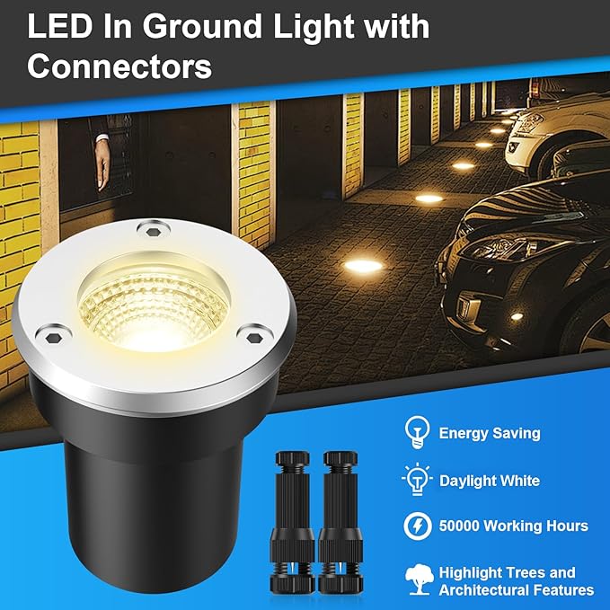 LED Landscape Lights 12 Pack 7W Ground Lights With 24 Connectors Low Voltage In-Ground Well Pathway Lighting Daylight White Waterproof for Driveway Deck Garden