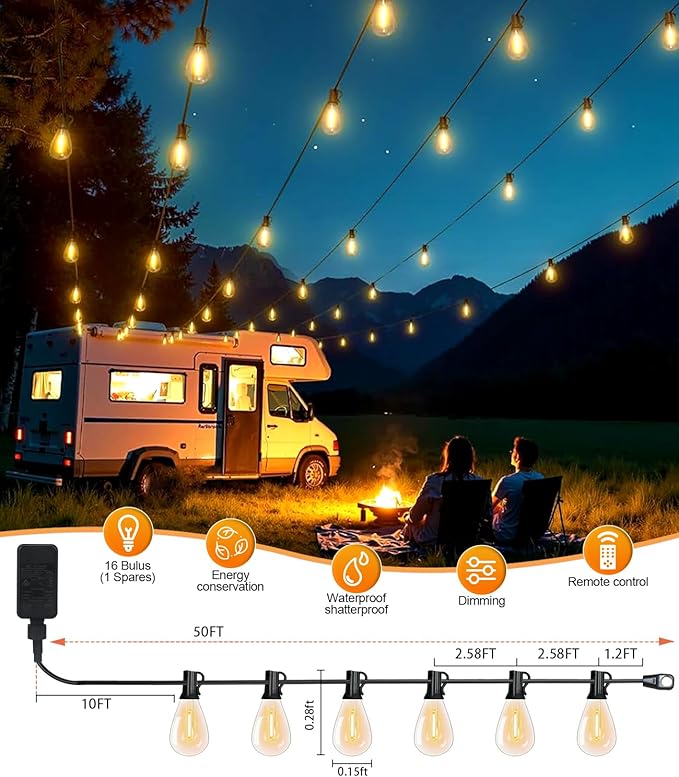 Tenmiro 50FT LED Outdoor String Lights with Remote16+ 1 Shatterproof Bulbs Waterproof and Dimmable Patio Lights for Porch Garden Backyard Deck Balcony 2700K Hanging Lighting