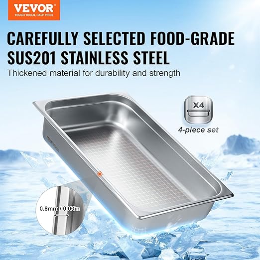 VEVOR 4 Pack Stainless Steel Hotel Pans with lidFull Size 4 Inch Deep 0.8mm Thick Anti-Jam Commercial Food Pans for Steam Tables Restaurants Catering &amp Industrial Use