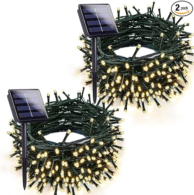 Warm White Solar Christmas Lights Outdoor Decorations Waterproof Tatal 2 Pack 200LED 66FT Solar String Lights Green Wire with 8 Modes Christmas Fairy Light for Xmas Tree Party Wedding Garden Decor