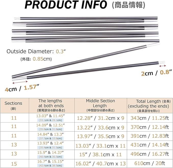 Azarxis Tent Poles Aluminum Tent Rod Replacement Camping Accessories Multifunction Lightweight Tent Poles Repair Kit 7001 Series Aircraft-Grade Aluminum