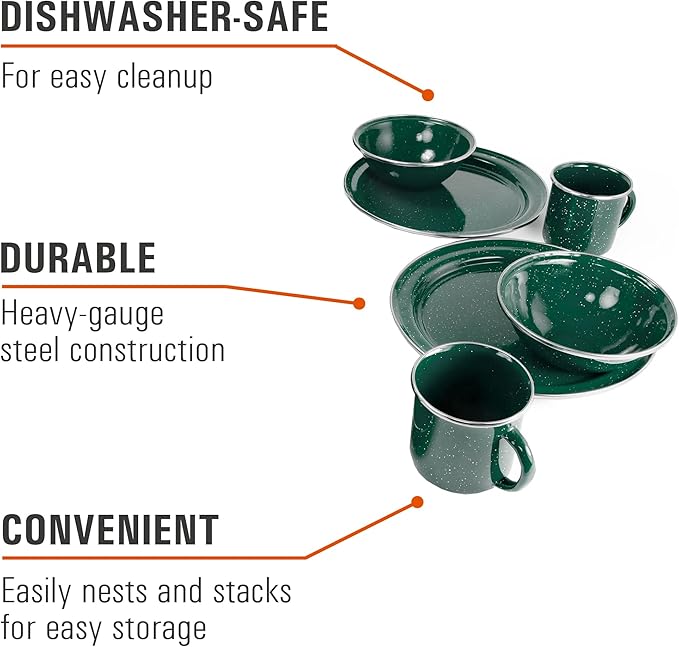 GSI Outdoors Pioneer Enamel 12 Pieces (4-Person) Dish Set I Enamelware Dishes Including Plates Bowls and Mugs for Camping Outdoors RV Camp Green