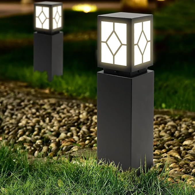 Landscape Path Lights 24 IP65 Waterproof Bollard Lights Heavy Duty Steel Stable Widened Base E27 Lamp Holder Modern Outdoor Path Lights Bollard for Lawn Patio Courtyard Driveway Lozenge 1pack