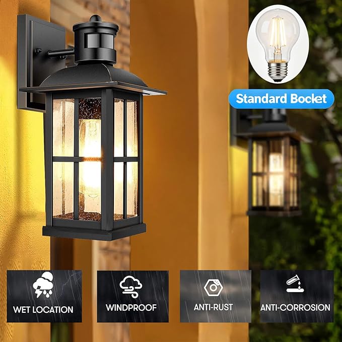 4-Pack 15inch Large Outdoor Wall LightsModern Black Exterior Lantern Wall Light Fixture with E26 Sockets &amp Tempered GlassWaterproof Porch Wall Lighting for GarageGarden