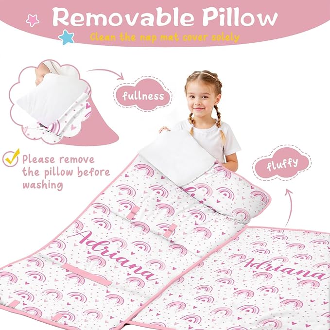 Personalized Boho Rainbow Toddler Nap Mat with Pillow and Blanket Custom Name Kids Sleeping Bag for Daycare Preschool Napping Mats for Girls Kids Slumber Bags Sleep Padded Easy Roll Up