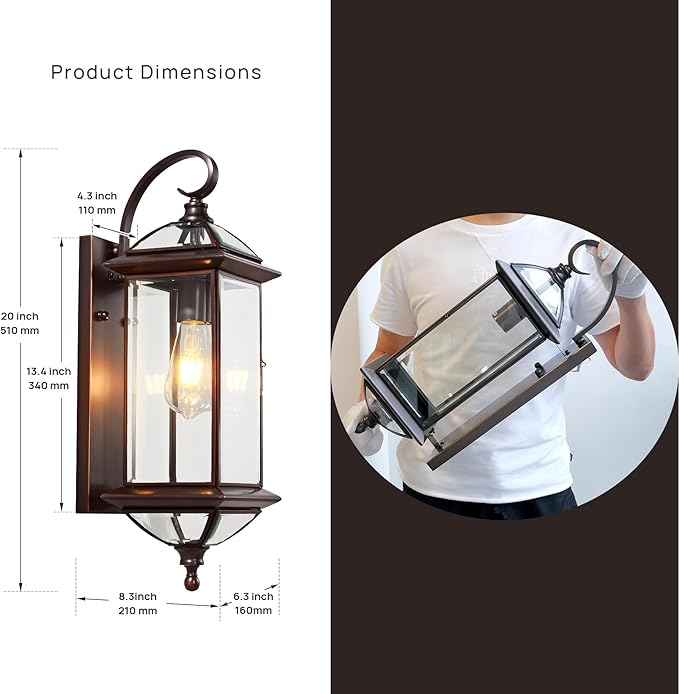 20''H Dusk to Dawn Sensor Outdoor Lighting Copper Large Porch Light Wall Mount with Tempered Glass Exterior Light Fixture for GaragePorchPatioOil-Rubbed BronzeE26 Socket1 Pack