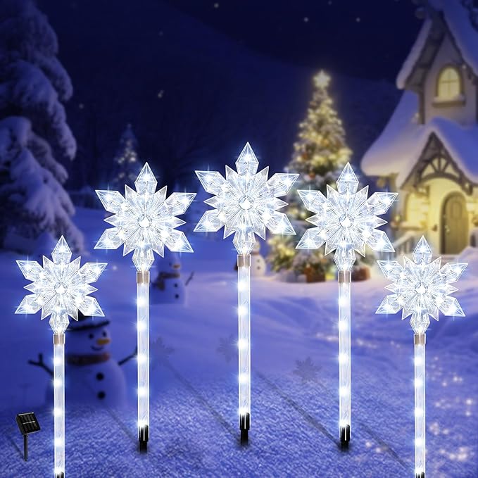 Snowflake Solar Christmas Pathway Lights Set of 5 LED Outdoor Stake Lights Waterproof Christmas Decorations for Garden Yard Lawn Walkway Patio Decor (5pcs Cold White)