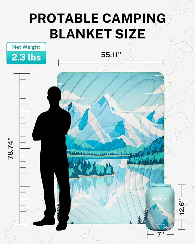 Gonex Camping Blanket with Aero-Warmth Tech Layer Puffy Printed Packable Blanket Ultralight &amp Warm Wearable Water-Resistant Quilt for Outdoor Camping Hiking Travel Picnics 79 X 55 (Iceberg)