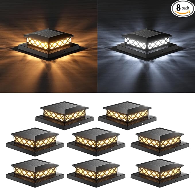 8 Packs Solar Post Cap Lights for Fence and Deck – Auto On/Off Outdoor Lighting 2 Color Modes with 16 LEDs Fits 4x4 5x5 6x6 Posts (Black)