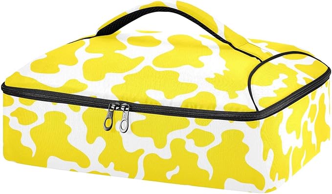 Casserole Carrier Yellow and White Cow Print PatternInsulated Casserole Carrier for Hot or Cold Food Thermal Lunch Tote for Potluck Parties Picnic Beach Fits 9 x 13 Inches Baking Dish