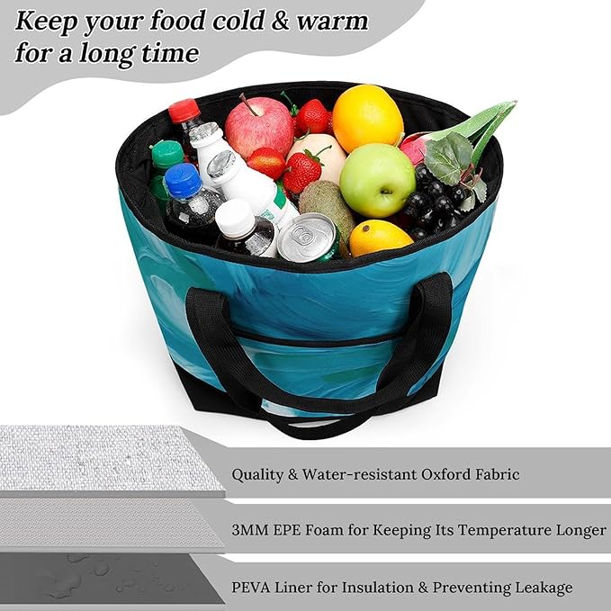 Insulated Shopping BagLarge Reusable Cooler Bags Blue Oil Paint Texture Printed Foldable Shopping BagTravel Waterproof Shoulder Bag