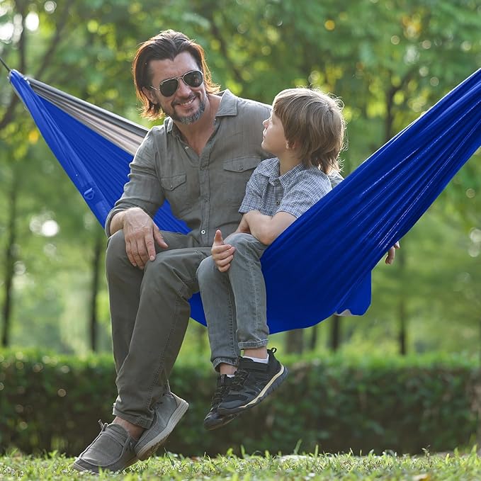 Camping Hammock with NetPortable Lightweight Double Hammocks with Tree Straps and Solid D-Shape CarabinersParachute Nylon Hammock for Backpacking Beach Backyard Patio Hiking Blue&ampGrey