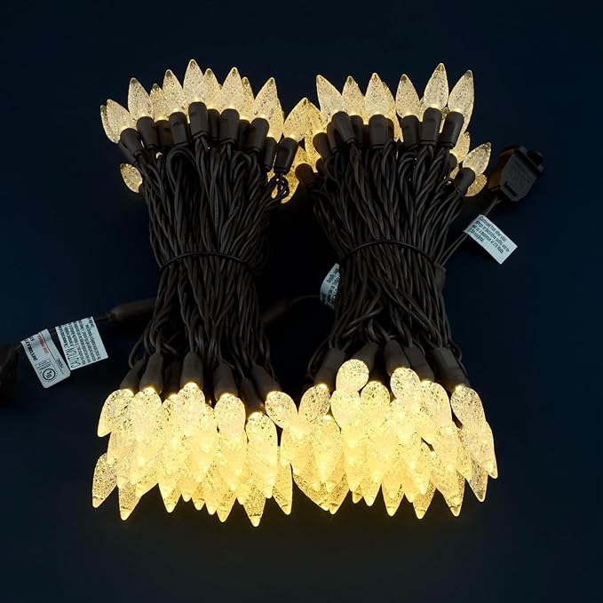 140 Warm White Strawberry One-Piece LED Christmas Lights Pack of 2 Strands 70 Count 36 ft High Waterproof UL Certified C6 Outdoor String Lights (Warm White - Brown Cord)