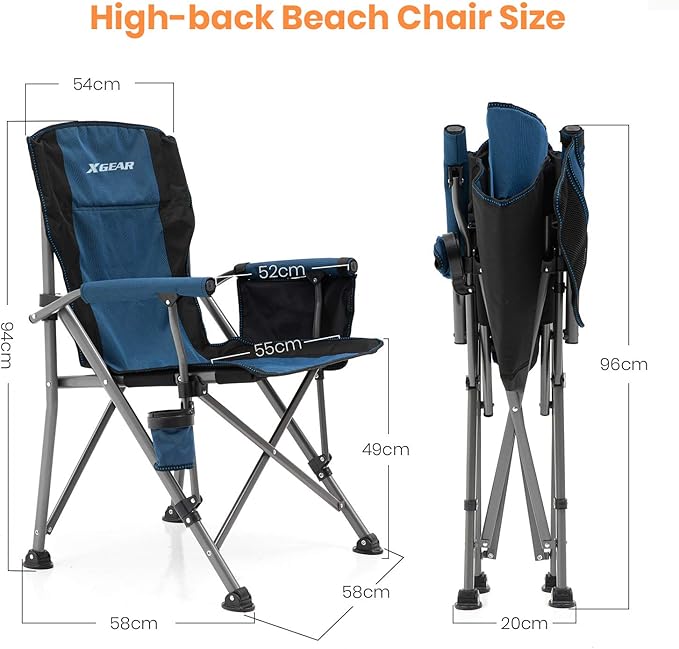 XGEAR Camping Chair Hard Arm High Back Lawn Chair Heavy Duty with Cup Holder for Camp Fishing Hiking Outdoor Carry Bag Included