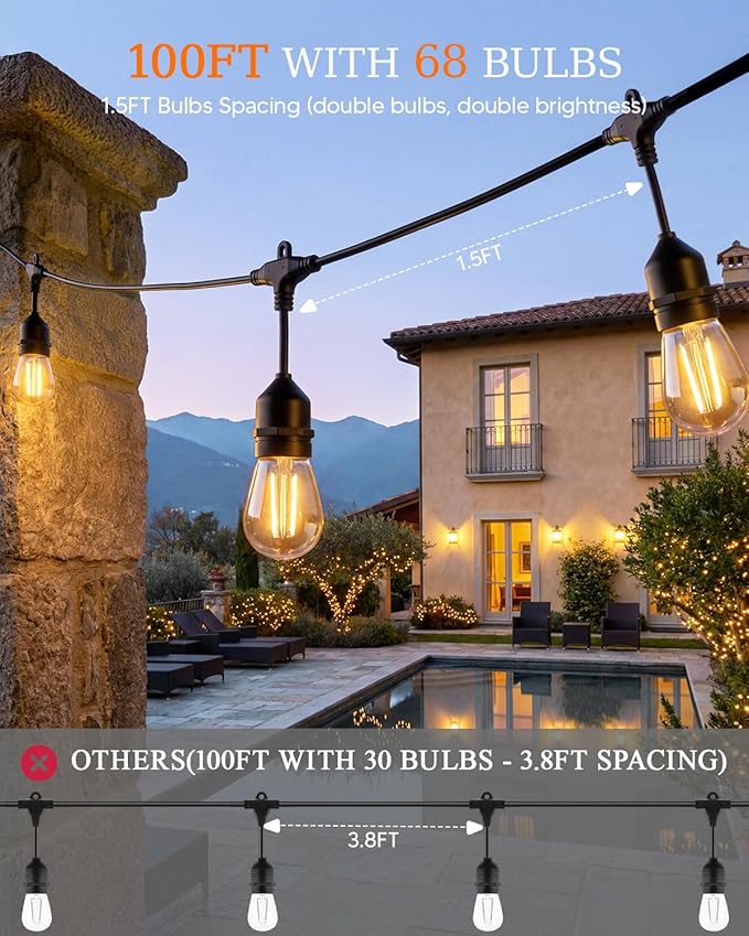 100FT S14 Outdoor String Lights 64+4 Shatterproof Bulbs 2W 1.5FT Spacing IP65 Waterproof| Dimmable with Remote Heavy-Duty Include Screw &amp Zip Ties for Patio Backyard Holiday Outside