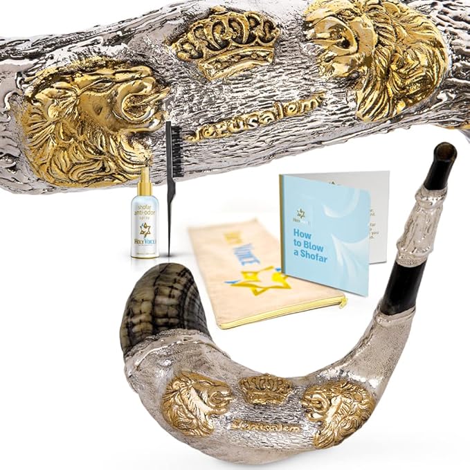 Holy Voice Sterling Silver-Plated Lions &amp Crown 24-26 Decoration Ram Shofar With Shofar Stand Carrying Bag and Cleaning Brush