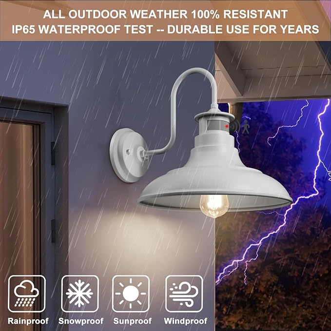 2 Pack Farmhouse Gooseneck Wall Sconce Barn LightsMotion Sensor and Dusk to Dawn Outdoor Wall Mount Lighting Fixtures3 Modes Exterior Porch Light IP65 Waterproof E26 Matte White Wall Lamp for Patio