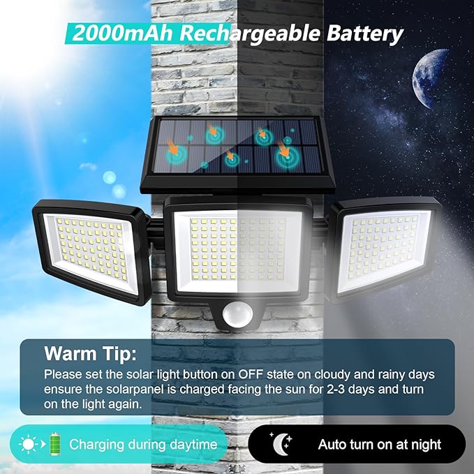 Tuffenough Solar Outdoor Lights 2500LM 210 LED Security Lights with Remote Control3 Heads Motion Sensor Lights IP65 Waterproof270° Wide Angle Flood Wall Lights with 3 Modes(2 Packs)