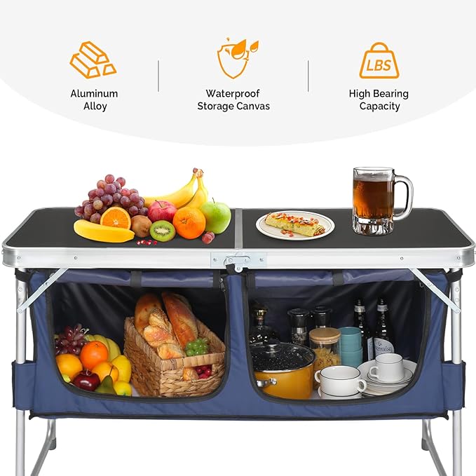 VINGLI 4 Ft Folding Table Aluminum Camping Table Picnic Table with Storage Adjustable Height for Outdoor Beach BBQ Backyards Travel Party (Black ＆ Blue)