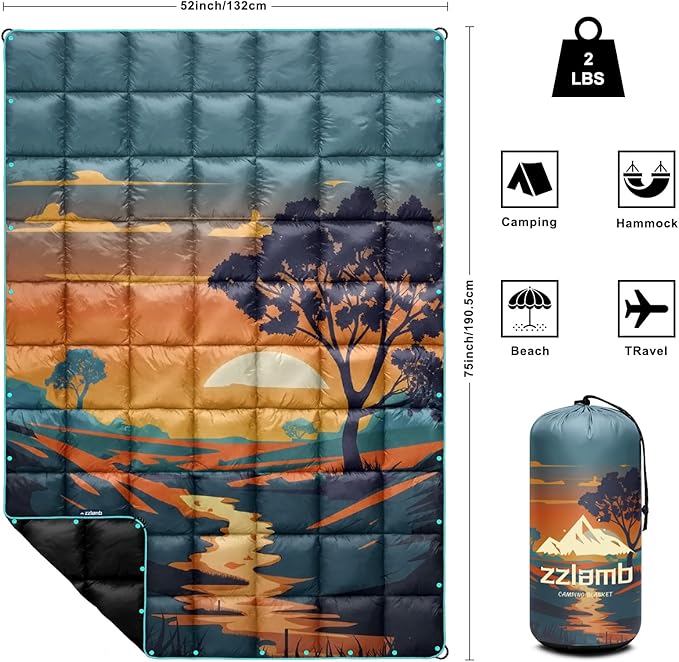 zzlamb Camping Blanket for Cold WeatherOutdoor Puffy Blanket Portable Down AlternativeWindproof Warm Cloak with SnapsCozy Quilt Backpacking Picnic RV Travel Plane Car Hammock Beach Climbing