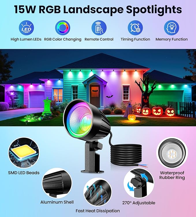 MEIKEE 15W RGBW Low Voltage Landscape Lights 12-24V LED Landscape Lighting Timer and Memory Dimmable Color Changing Outdoor Spotlights with Remote for Garden Path Christmas Halloween 12 Pack