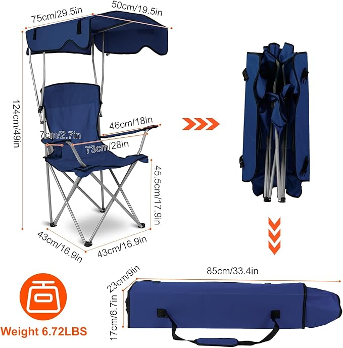 Foldable Beach Canopy Chair Camping Chair Fishing Camp Outdoor Lawn Chair Sun Protection 330LBS Load Folding Camping Canopy Shade Seat with Cup Holder For Beach Poolside Travel Picnic (NavyBlue)