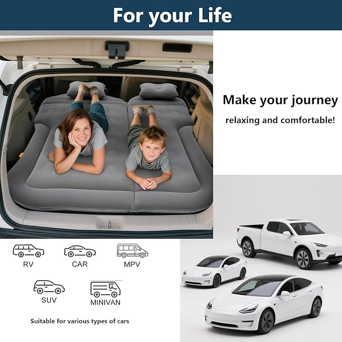 SUV Air Mattress for Camping Air Mattress for Car Compatible with SUV Camping Bed with Pump Inflatable Sleeping Pad for Car Backseat Truck Travel Bed for Road Trip (Grey)