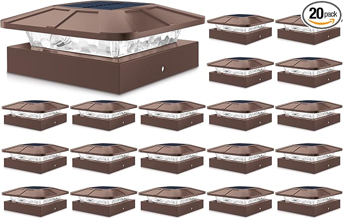 Peasur 4x4 Solar Post Cap Lights Outdoor with 3 Modes 20 Packs Brown Fence Deck Light Solar Powered Waterproof Wood/Vinyl Posts Top Lights for Yard Garden Patio Porch Railing Outside