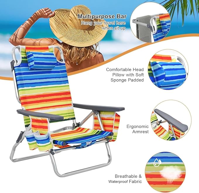 GYMAX Beach Chairs Backpack Camping Chair with Armrest Cooler Bag Cup Holder Towel Bar &amp Side Pockets Sunbath Sling Tanning Lounge Folding Layout Chair (4 Chairs Without Table Yellow Stripe