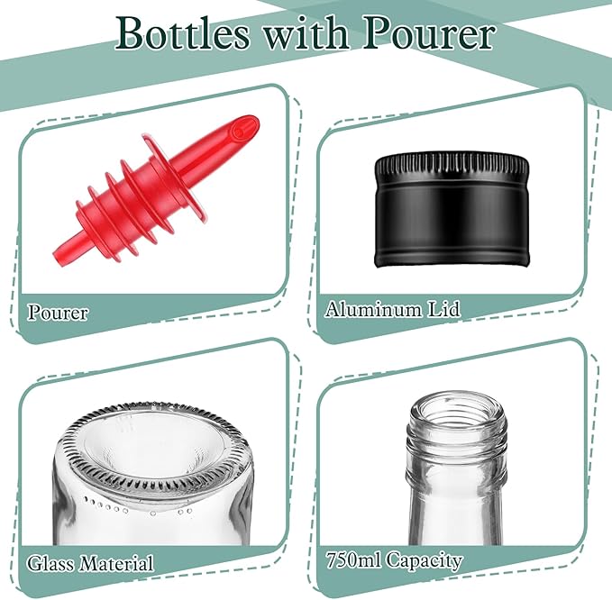 Maxdot 10 Pcs Glass Bottles with Pourer 750ml Long Neck Bordeaux Wine Bottle Clear Empty Wine Syrup Juice for Home Bar Liquor Juice Making Wedding Anniversary Party(Red)