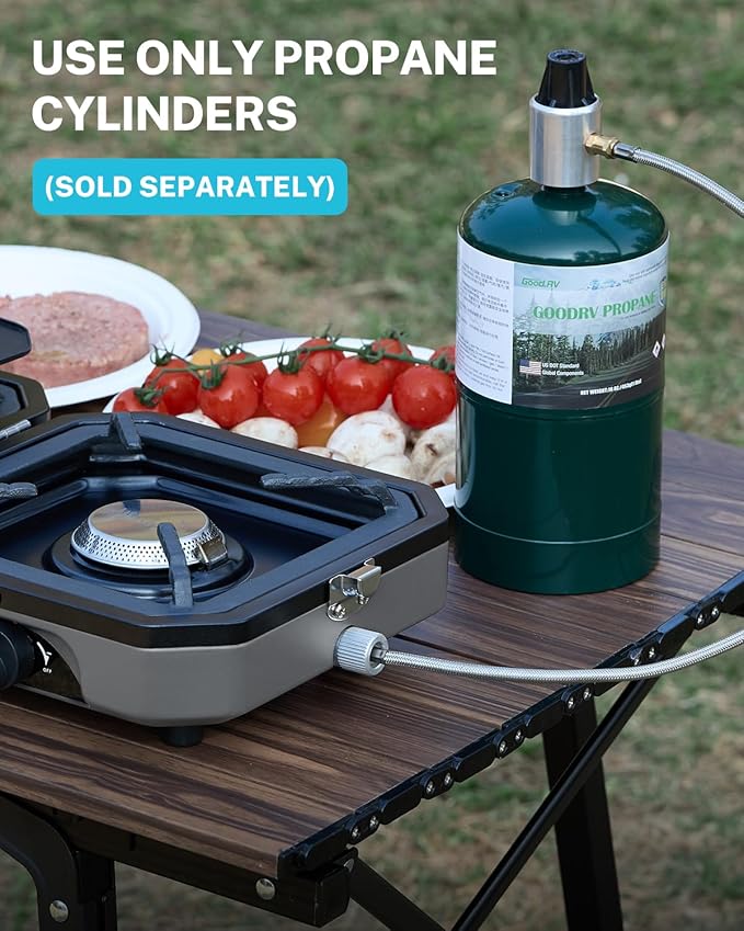 Gonex 2 Burner Propane Camping Stove with Griddle &amp Grates Portable Foldable Cooking Stove with Total 16000 BTU Two Piezo Ignition Adjustable Burners for Camping Patio Emergency Hiking (Grey