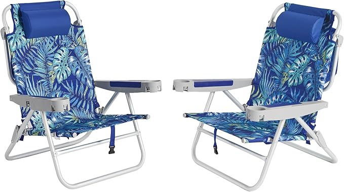 SUNNYFEEL Extra Wide Low Beach Chair 2 Pack 5 Position Lay XL Oversized Portable Folding Camping Chairs with Cup Holder for Outdoor/Sand Foldable Backpack Beach Chair for Adults Heavy Duty 500 LBS