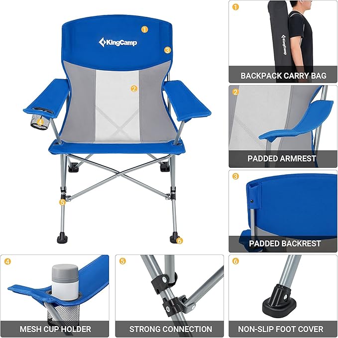KingCamp Oversized XL Camping Chair Heavy Duty 500lbs Folding Couch for Adults Padded Large Comfortable Sofa Seat with Cooler Bag Cup Holder for Outdoor Sports Fishing Patio Lawn