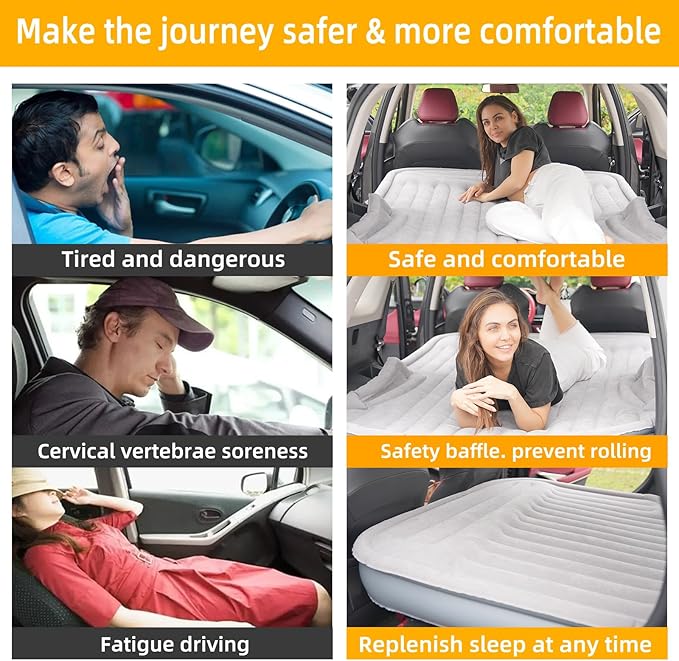 KMZ Portable SUV Air Mattress - Built-in Electric Pump for Fast Inflation - Soft Flocked Surface Car Bed - Ideal for Road Trips &amp Outdoor Camping - Grey