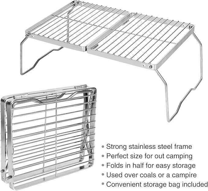 REDCAMP Folding Campfire Grill 304 Stainless Steel Grate Adjustable Height Portable Camping Grill with Carrying Bag for Outdoor Cooking BBQ