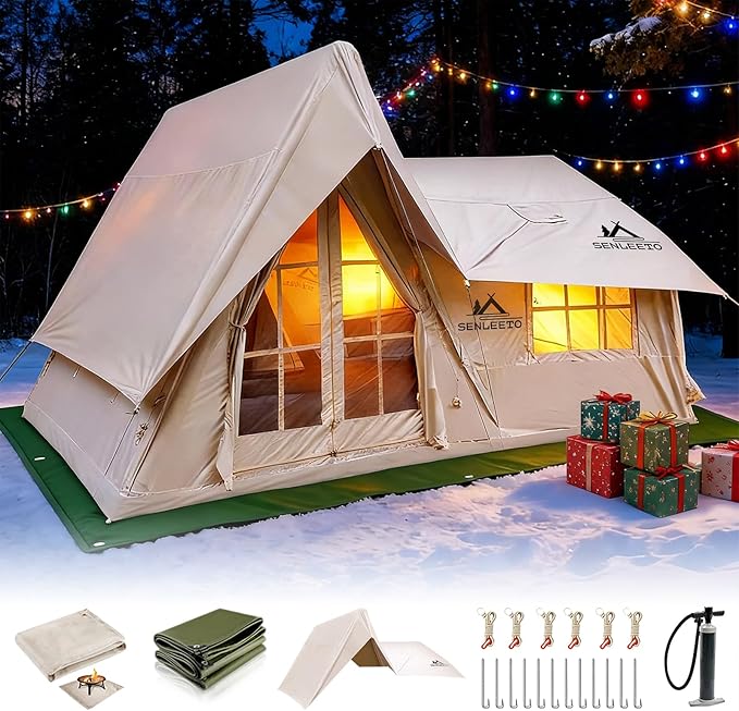 8/10/12 Person Large Inflatable Tents for Camping 4 Season Blow Up Tents with Canopy/Rainfly Luxury Inflatable Tent House with Stove Jack Easy Setup Inflatable Camping Tent.