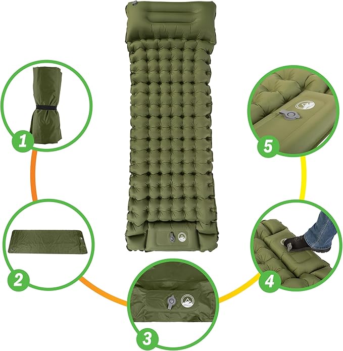 Sleeping Pad for Camping - Inflatable Mat with Built-in Foot Pump - Waterproof Camp Mattress - Camping Gear Must Haves by Wakeman Outdoors (Olive)