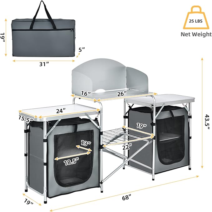 Giantex Camping Kitchen Station Folding Grill Table with 26'' Tabletop 2 Side Tables Storage Organizer Detachable Windscreen Portable Camp Cook Outdoor Prep Station Backyard BBQ Picnic (Grey)