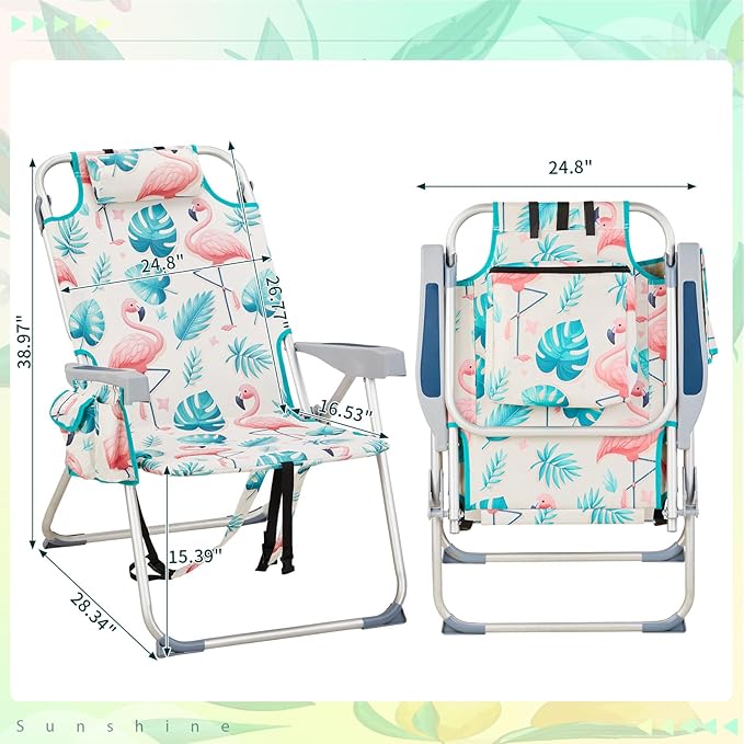 Folding Backpack Beach Chairs Portable 5-Position Aluminum High Beach Chairs for Adults with Storage Pouch Towel Bar (Flamingo)