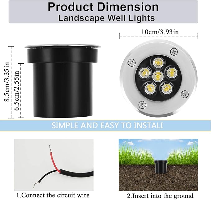 Low Voltage Landscape Light LED In-Ground Lighting with Connectors Well Lights Bright White Waterproof IP67 6W 12V 24V Outdoor Pathway Lights for YardLawnPatioWalkway(Cool White)