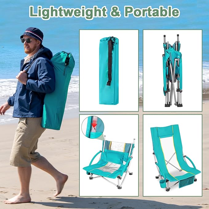 Romswi High Back Beach Chair Compact Lightweight Low Seat Camping Chair Fits in Suitcase 400lbs Heavy Duty Oversized Backpack Chair with Cup Holder &amp Storage Bag Green