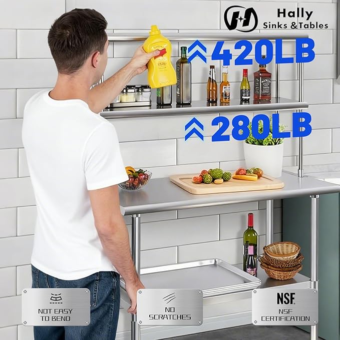 Hally Double Overshelf of Stainless Steel 12'' x 72'' Weight Capacity 420lb Commercial 2 Tier Shelf for Prep &amp Work Table in Restaurant Home or Kitchen