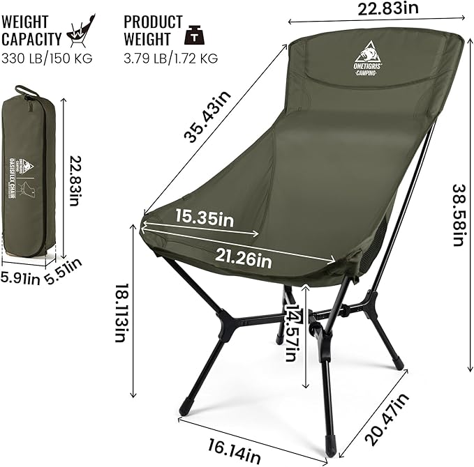 ONETIGRIS OasisFlex Camping ChairHigh Back Folding Chair with Carry BagGreat for CampingBeachPicnicParkLawnSports and Outdoor Events