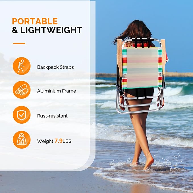 Bonnlo Lightweught 17 Backpack Beach Chair Tall Beach Chairs for Adults Portable with Adjustable Straps 3-Position Reclining Cup Holder High Beach Chairs for Beach