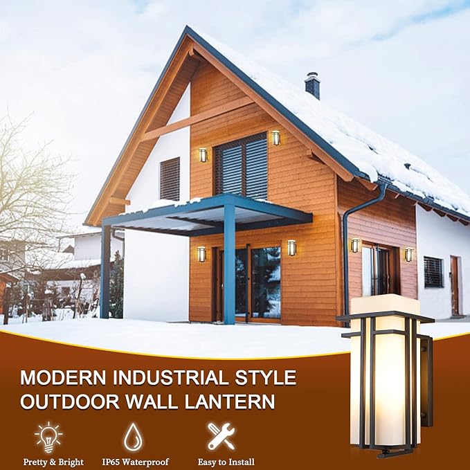 Outdoor Porch Light Wall Mounted Waterproof Wall Lantern Exterior Light Fixture for Entryways Yards Garage Front Porch Square Metal Frame with Frosted Glass Black
