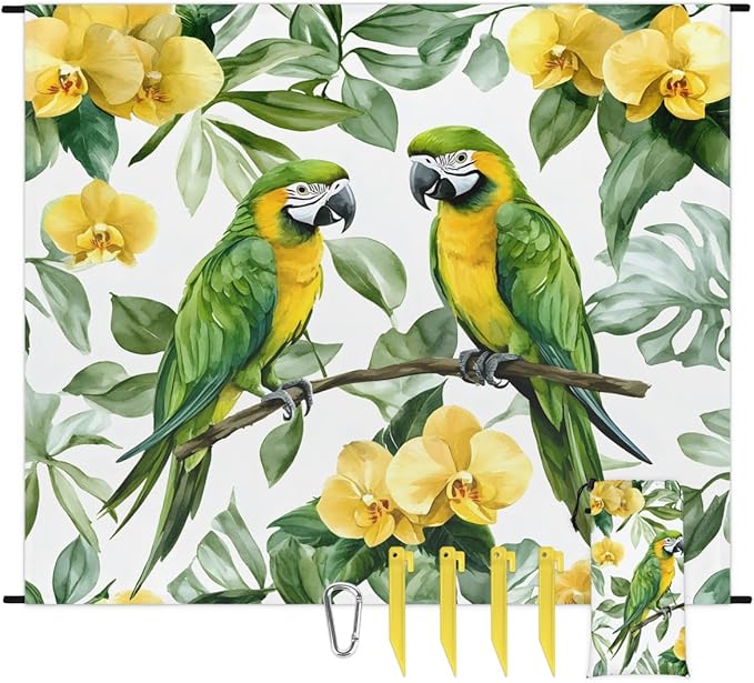 Waterproof Sandproof Beach Blanket 59''×68'' Jungle Bird Polyester Outdoor Picnic Blanket with 4 Stakes &amp Storage Bag for BeachCampingVacation Parrot