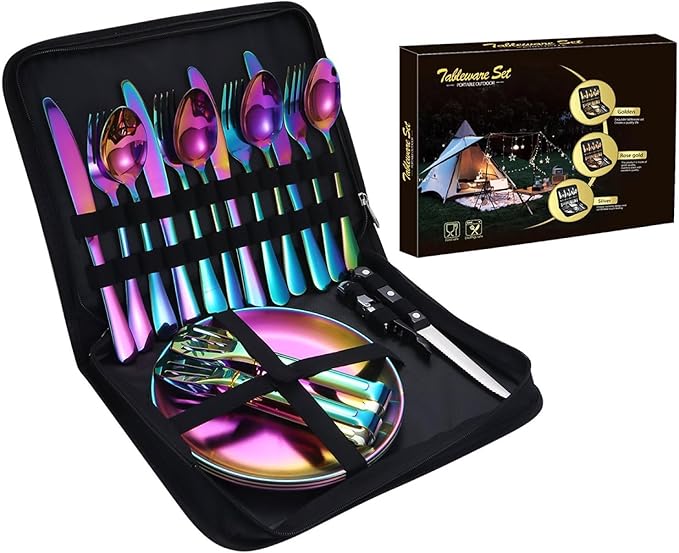 Camping Mess Kits with Portable Case Stainless Steel Outdoor Picnic Dinnerware Set with Plate Spoon Fork Knife Cloth Napkins