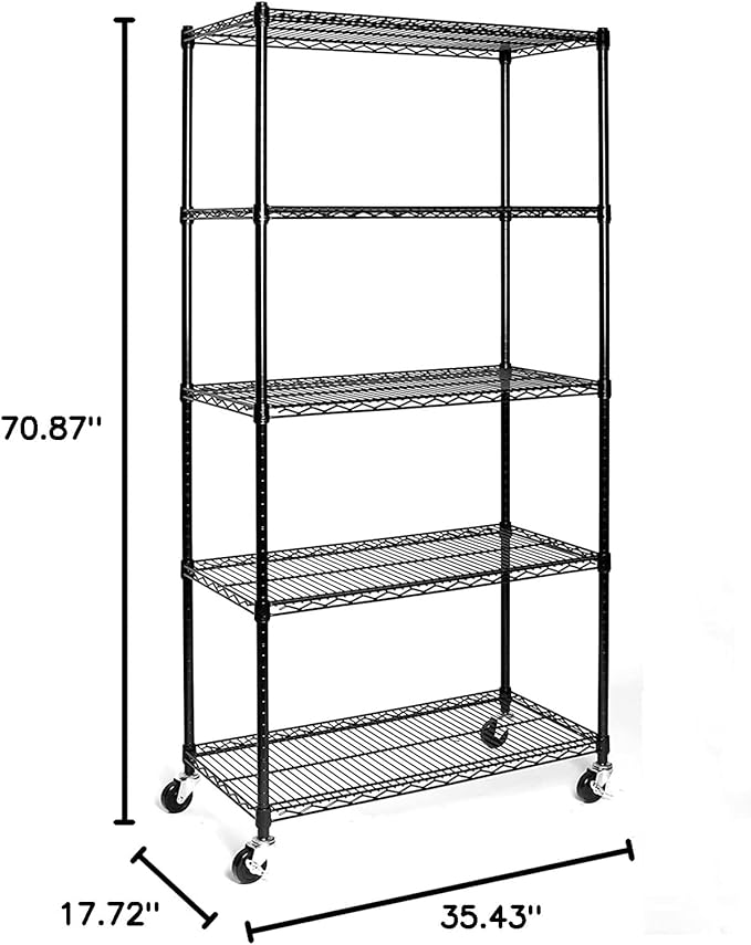 5-Tier Commercial Shelving Unit 800 lb Capacity Steel Wire Shelves with Locking Wheels Adjustable Heavy-Duty Utility Rack for Kitchen Pantry Garage – Black