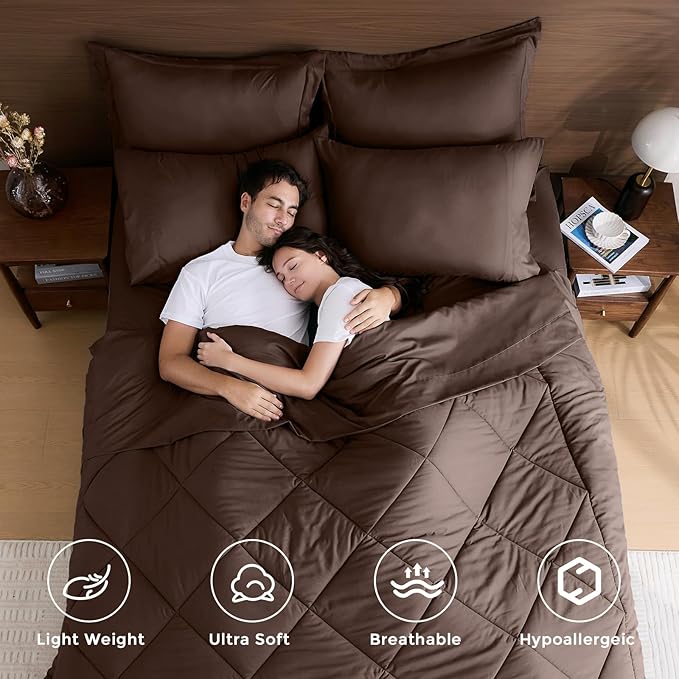 HEVUMYI Brown Full Comforter Set - 7-Piece All Season Bed in a Bag Full Ultra Soft Bedding Set with Comforter Flat Sheet Fitted Sheet Pillowcases Pillow Shams